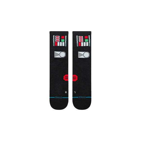 Et par sorte Stance "Dark Side Crew" unisex-strømper med et kontrolpanel-inspireret design med hvide, røde og grå figurer, blå striber og L/R-bogstaver nær tæerne.