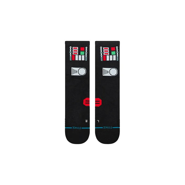 Et par sorte Stance "Dark Side Crew" unisex-strømper med et kontrolpanel-inspireret design med hvide, røde og grå figurer, blå striber og L/R-bogstaver nær tæerne.