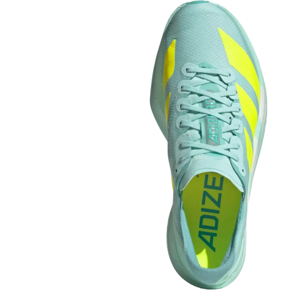 Adidas Adizero Adios Pro 4 Dame løbesko i Semi Flash Aqua, Lucid Lemon og Mint Ton har neongule striber og ADIZERO på indersålen - ideel til maratonpræstationer og vist ovenfra mod en hvid baggrund.