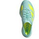 Adidas Adizero Adios Pro 4 Dame løbesko i Semi Flash Aqua, Lucid Lemon og Mint Ton har neongule striber og ADIZERO på indersålen - ideel til maratonpræstationer og vist ovenfra mod en hvid baggrund.