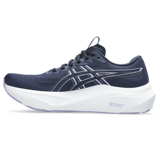 En navy Asics GT-2000 14 Dame løbesko i farven Midnight/Bluebell, med hvid sål, unikt mønster på siden og teksten "3D GUIDANCE SYSTEM" nær hælen.