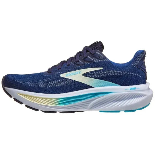 Brooks Ghost 17 Dame løbesko i Navy/Green/Turquoise har en åndbar mesh-overdel, snørelukning og blød DNA LOFT v2 mellemsål samt en hvid, grøn og turkis sål for komfort og stil til dine løbeture.