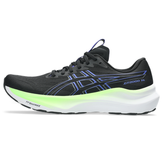 ASICS GT-2000 14 Herre i Black/Cobalt Burst har en hvid og neongrøn sål med lilla og blå detaljer samt ASICS-logoet. Denne stabile løbesko er vist i et sidebillede mod en almindelig hvid baggrund.