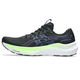 ASICS GT-2000 14 Herre i Black/Cobalt Burst har en hvid og neongrøn sål med lilla og blå detaljer samt ASICS-logoet. Denne stabile løbesko er vist i et sidebillede mod en almindelig hvid baggrund.