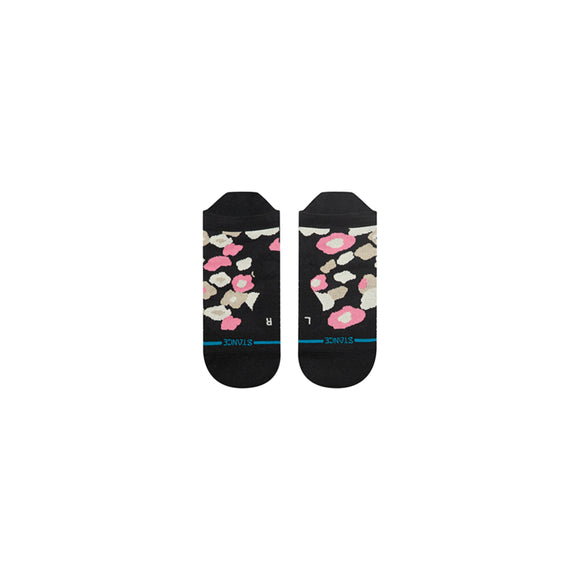 Stance Camo Floral Light Tab, Dame, Black er sorte løbesko med et abstrakt beige, hvidt og pink mønster, blå tåstriber, R/L-indikatorer og holdbar Infiknit-teknologi for varig komfort.