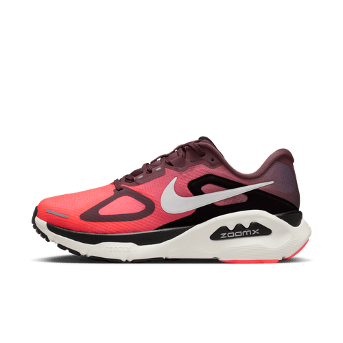 Et sidebillede af en Nike Structure Plus Dame løbesko i Tattoo/Silver-Hot Lava-Black med en hvid swoosh og ZoomX-branding på sålen, der er designet til at give stabilitet, på en almindelig hvid baggrund.