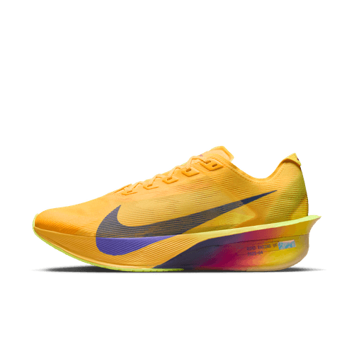 Nike Vaporfly Next% 4 Herre i Citron Pulse/Indigo Burst-Laser Orange har en gul overdel, sort swoosh, gule snørebånd og en flerfarvet ZoomX-skum-mellemsål i pink, blå og gul, vist i sideprofil på en hvid baggrund.