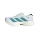 Adidas Adizero Adios Pro 4 til kvinder i White/Pure Teal/Carbon har blågrønne striber, en Lightstrike Pro-mellemsål for komfort, hvide snørebånd, et sort ankel-logo og en hævet hæl - perfekt inspireret af high-performance løbedesign.