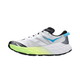 En hvid Hoka Speedgoat 7-damesko i farvekombinationen Frost / Neon Yuzu med sorte, limegrønne og grå detaljer, et blåt logo og en tyk, struktureret sål, der er ideel til trailløb, vises i profil vendt mod venstre på en ensfarvet hvid baggrund.