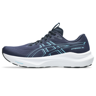 Asics GT-2000 14 løbesko til herrer i farven Midnight/Stillwater vises fra siden på en hvid baggrund, med lyseblå detaljer, hvid sål og pronationsstøtte for ekstra støtte.