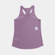 Saysky W Reactive Flow Singlet til kvinder i Purple Aop er en ærmeløs tank med racerback, vist fladt med bagsiden synlig. Den er fremstillet af mønstret SAYSKYDRY-stof og har et lille hvidt mærke med en sort stjerne nederst til højre.