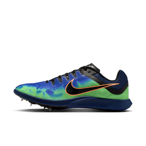 Nike Rival Distance "GLAM" Unisex løbesko har en blå og grøn overdel i mesh, sorte snørebånd, en sort swoosh med orange kant og metalpigge - ideel til banetræning.