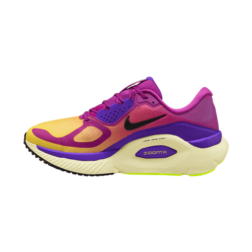 Et sidebillede af Nike Structure Plus Herre i Hyper Violet/Black-Citron Pulse, der er designet i gule, orange, lilla og pink nuancer med sort swoosh, hvid sål og fed ReactX-branding - perfekt stabil løbesko til mænd.