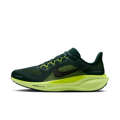 Nike Pegasus 41 Dame i Seaweed/Black-Cyber-Lt Lemon Twist er vist i sideprofil med mørkegrøn overdel, sort swoosh og lysegul-grøn sål med React-skum mod en almindelig hvid baggrund.
