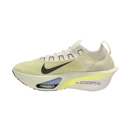 Nike Alphafly Next% 3 Herre i Phantom/Sequoia-Ultralime-Citron Tint har en stor sort Swoosh, en hvid tyk sål med synlig luftpude, ZoomX-branding og en strikket overdel på en almindelig hvid baggrund.