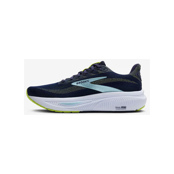 Brooks Ghost 17, Herre, Peacoat/Lime/Blue har marineblå overdel med lyseblå og lime accenter, en tyk hvid mellemsål og giver komfort og stabilitet - vist i sideprofil på en almindelig hvid baggrund.