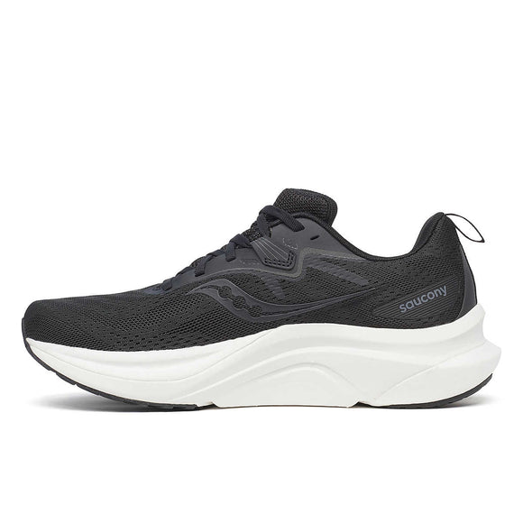 Saucony Tempus 2 Herre i Black/White er en atletisk løbesko til mænd med overdel i mesh, snørelukning og tyk hvid sål, vist i sideprofil mod en almindelig hvid baggrund.