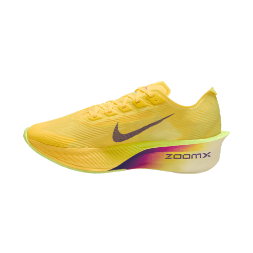 En gul Nike Vaporfly Next% 4 løbesko til kvinder med sort swoosh, tyk lilla-pink gradientsål og ZOOMX på siden. Inspireret af Vaporfly 4-design i Citron Pulse/Indigo Burst-Laser Orange, vist på hvid baggrund.
