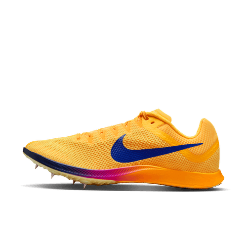 Nike Zoom Rival Distance, Herre, i farven Citron Pulse/Indigo Burst-Hyper Violet, har et gult design med blå swoosh, orange mellemsål og metal atletik-pigge på sålen. Skoen vises mod en hvid baggrund.
