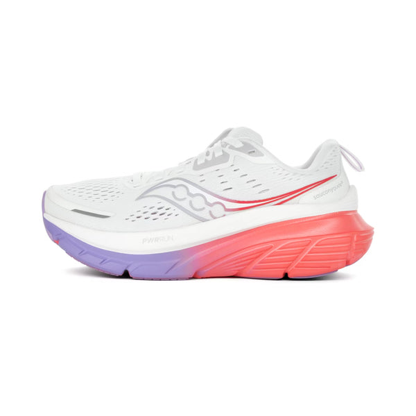 Saucony Guide 18 løbesko dame i White/Crocus har en mesh-overdel, lysegrå og røde detaljer samt tyk sål med rød til lilla overgang. Med PWRRUN-mellemsål, snørebånd og pull tab bagpå for komfort og let anvendelse.