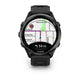 En Garmin Forerunner 970 GPS-løbeur i Black/Amp Yellow viser et kort med navigation, turn-by-turn instruktioner, vejnavne, en lilla rute, afstand på 94 meter og Waterworks Park synlig på skærmen.
