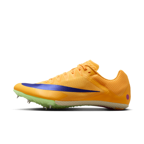 Nike Zoom Rival Sprint, Herre, i Citron Pulse/Indigo Burst-Hyper Violet har et levende orange design med en lilla swoosh, grøn spidssål og lav profil, der vises fra siden på en almindelig hvid baggrund.