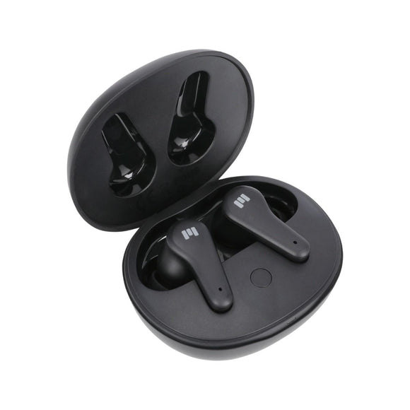 Et par sorte Miiego MiiBuds Play II w/ANC, unisex trådløse in-ear-hovedtelefoner, vises i et åbent opladningsetui med synlige logoer på hver øreprop mod en almindelig hvid baggrund.