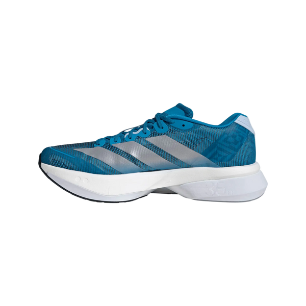 Adidas Adizero Boston 13 løbesko herre i Solblu/Silvmt/Dksobl har hvide sidestriber, blå snørebånd og en tyk hvid Lightstrike Pro-sål. Skoen er vist fra siden på en almindelig hvid baggrund.