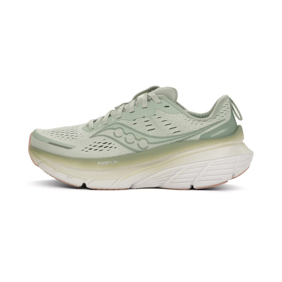 Saucony Guide 18 Dame i Mist/Aloe er en lysegrøn træningssko med en hvid, tyk polstret sål, overdel i mesh, snøre foran, ventilationshuller for åndbarhed og diskret branding - vist i profil mod venstre.