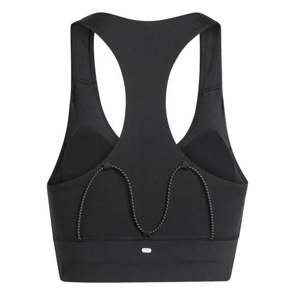 Adidas Adi365 Pkt Bra til kvinder er vist bagfra i sort, hvilket fremhæver dens racerback-design, synlige syninger og en lille rektangulær reflekterende detalje nær den nederste kant.
