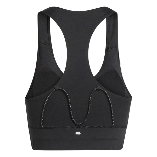 Adidas Adi365 Pkt Bra til kvinder er vist bagfra i sort, hvilket fremhæver dens racerback-design, synlige syninger og en lille rektangulær reflekterende detalje nær den nederste kant.