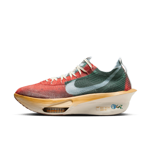 Et sidebillede af Nike Alphafly Next% 3 Prm Herre i Multi-Color/Clear-Starfish-Aloe Verde viser en farverig strikoverdel, stor grå Swoosh, tyk hvid ZoomX-skumsål med synlig støddæmpning og et aerodynamisk, futuristisk design.