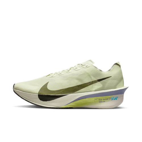 Et sidebillede af Nike Vaporfly Next% 4 (Herre) i Sea Glass/Sequoia-Ultralime-Phantom, med en stor sort swoosh, tyk hvid ZoomX-mellemsål, synlig Air Zoom-enhed i hælen, sat mod en almindelig hvid baggrund.
