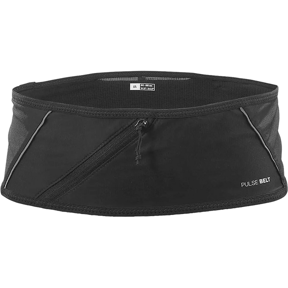 Salomon Pulse Løbebælte, Unisex, Black har en lynlåslomme foran og hvid logotekst, hvilket gør det til det ideelle løbeudstyr til løb eller udendørs aktiviteter.