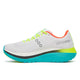 Saucony Endorphin Trainer Herre i White/Mutant har neongule snørebånd, en lysegrøn og turkis sål og orange detaljer på hæl og for, vist i sideprofil på en almindelig hvid baggrund.