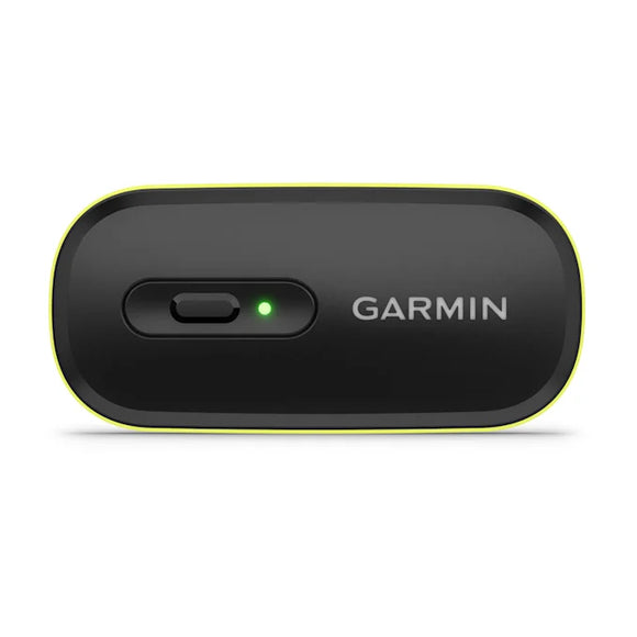 Garmin HRM 600 XS-S Pulsmålere pulsmåler til unisex er sort med en grøn indikatorlampe, en glidende frontkontakt og Garmin-logoet i hvidt, der viser den avancerede pulsovervågning.