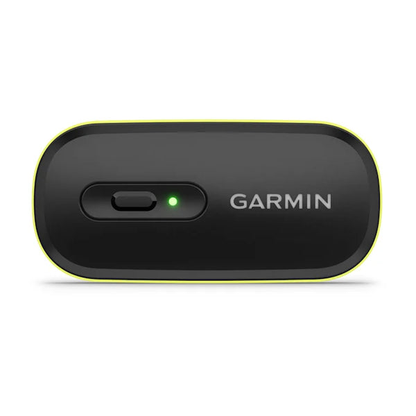Garmin HRM 600 XS-S Pulsmålere pulsmåler til unisex er sort med en grøn indikatorlampe, en glidende frontkontakt og Garmin-logoet i hvidt, der viser den avancerede pulsovervågning.