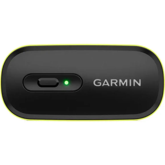 En sort Garmin HRM 600 M-XL pulsmåler til unisex, set ovenfra, har en grøn indikatorlampe, en kontakt, afrundede kanter, en tynd gul kontur og Garmin-logoet trykt på højre side.