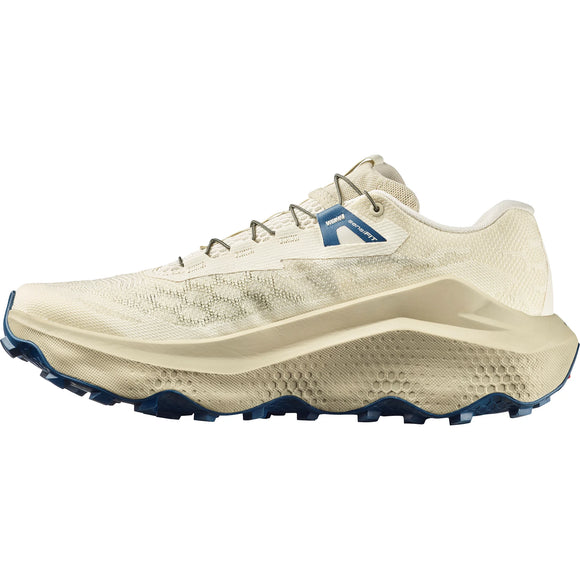 Salomon Ultra Glide 4 til mænd i Transparent Yellow/Bog/Gibraltar Sea er en trailsko med en overdel i tekstureret mesh, blå ydersål, tyk polstret mellemsål og snørelukning, vist i sideprofil mod en hvid baggrund.