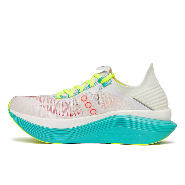 Et sidebillede af Saucony Endorphin Elite 2 (Unisex, White/Mutant) viser neongule snørebånd, en blågrøn sål med pink accenter og et tykt, buet design. "Saucony" er præget på siden.