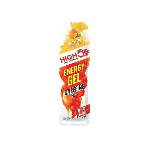 High5 Energy Gel Caffeine Orange Kasse (20 stk.) giver et energiboost med appelsinsmag og 30 mg koffein pr. gel, ideelt før eller under aktivitet. Den hvide emballage har kraftige orange og gule detaljer.