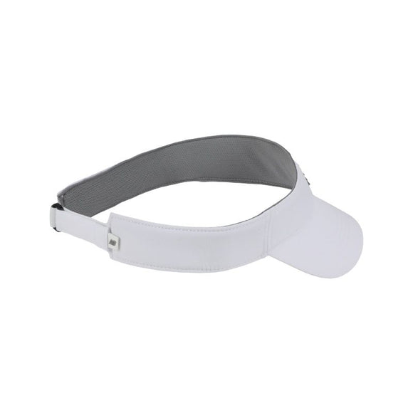 New Balance Performance Visor V 2.0, Unisex, Hvid har en buet skygge, justerbar rygstrop og et gråt fugttransporterende inderbånd for komfort. Vist fra siden på en almindelig hvid baggrund.