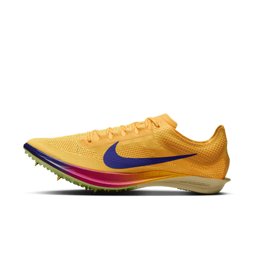 Nike Dragonfly 2 Herre i Citron Pulse/Indigo Burst-Vivid Purple er en gul løbesko med lilla swoosh, grøn forfodssål, lyserød mellemsål, letvægtsoverdel i mesh og pigge i ydersålen.
