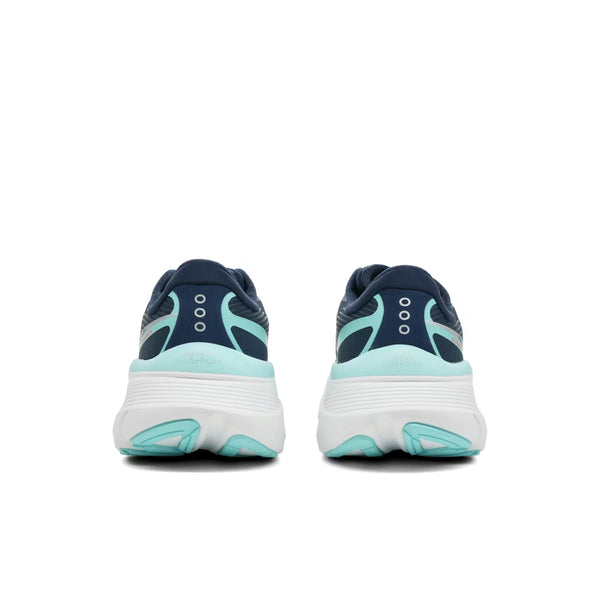 Saucony Guide 19 Dame i Navy/Aqua er vist bagfra med tykke hvide og lyseblå såler mod en ensfarvet baggrund, der giver perfekt støtte til overpronation.