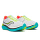 Et par Saucony Endorphin Trainer, Herre, White/Mutant løbesko med neongrønne snørebånd, turkise såler, orange hældetaljer og et sort bølgelignende logo på siden.