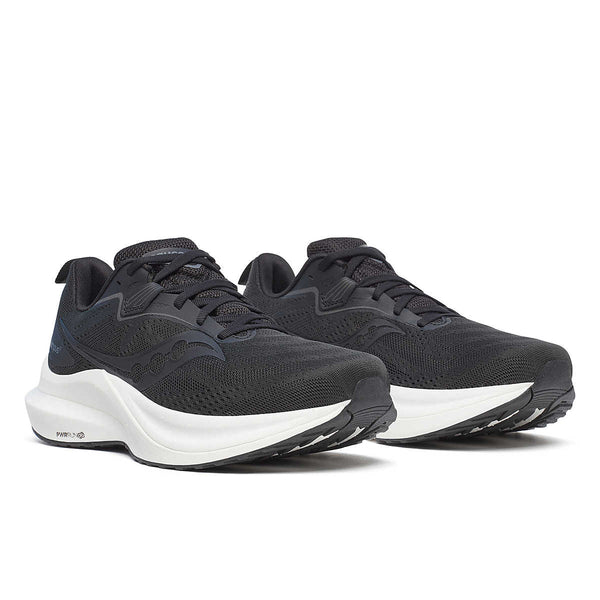 Saucony Tempus 2 Herre løbesko i sort/hvid har overdel i mesh, sorte snørebånd og hvide såler, vist side om side på en hvid baggrund.