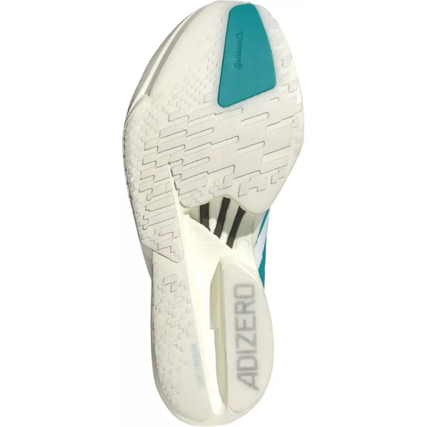 Billedet viser den hvide sål på Adidas Adizero Adios Pro 4, Herre, Ftwwht/Purtea/Carbon løbesko med ADIZERO tekst, en turkis Continental gummisektion, ENERGYRODS 2.0 og et mønstret slidbanedesign.