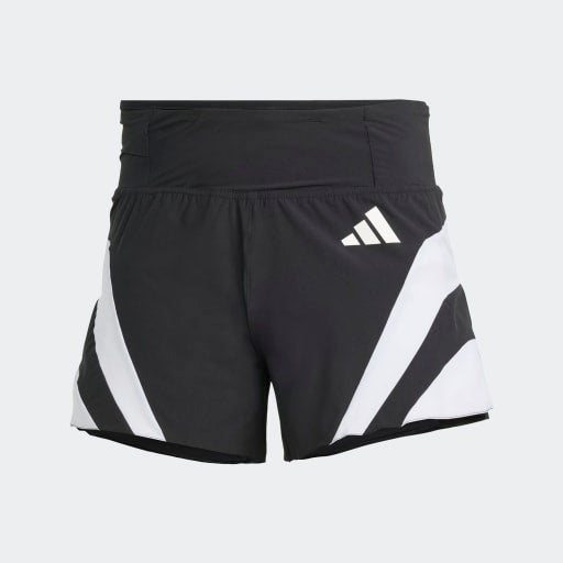 Adizero Archive Gel Shorts 3", Herre, Sort fra Adidas, med hvide diagonale striber og logo på venstre ben. Shortsene har CLIMACOOL-teknologi for øget åndbarhed og vises på en lys baggrund.