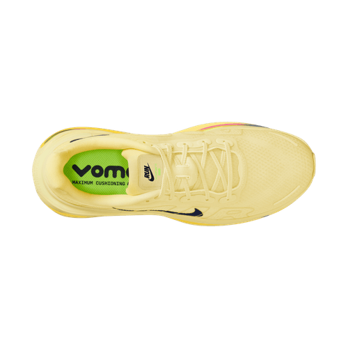 Et topbillede af Nike Vomero Premium løbesko til herrer i Alabaster/Blue Void-Citron Pulse med hvide snørebånd, et sort logo, neongrøn indersål med "VOM" og MAXIMUM CUSHIONING-tekst og ZoomX-skum for maksimal komfort.