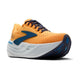 En vinklet Brooks Glycerin Max herre løbesko i Blazing Orange/Blue/White med mørkeblå snørebånd, blå detaljer og en tyk hvid sål for maksimal komfort, vist på en hvid baggrund.
